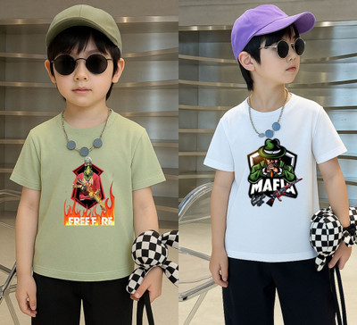 Lecowar Boys Printed Polyester Regular T Shirt(Green, White, Pack of 2)
