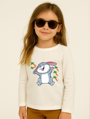 GROWWEARS Girls Printed, Graphic Print Cotton Blend Regular T Shirt(White, Pack of 1)