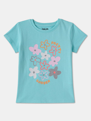 R&B Girls Graphic Print Pure Cotton Regular T Shirt(Blue, Pack of 1)