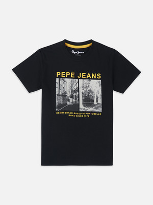 Pepe Jeans Boys Graphic Print Pure Cotton Regular T Shirt(Black, Pack of 1)