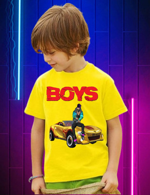 Snojh Boys & Girls Printed Cotton Blend Regular T Shirt(Yellow, Pack of 1)