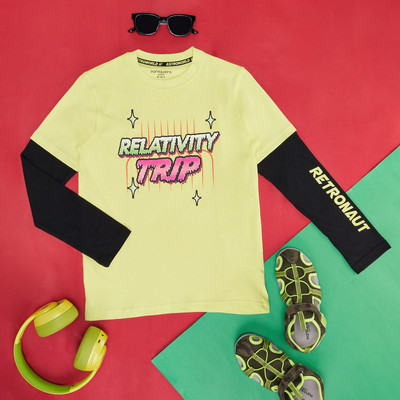 Pantaloons Junior Boys Typography, Printed Pure Cotton Regular T Shirt(Green, Pack of 1)