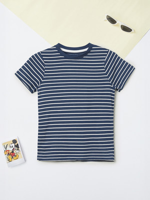 MAX Boys Striped Pure Cotton Regular T Shirt(Blue, Pack of 1)