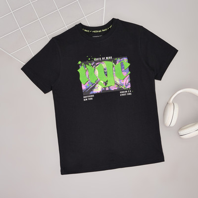 Pantaloons Junior Boys Printed Cotton Blend Regular T Shirt(Black, Pack of 1)