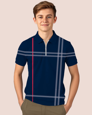 ENITOR Boys Checkered Cotton Blend Regular T Shirt(Blue, Grey, Pack of 1)