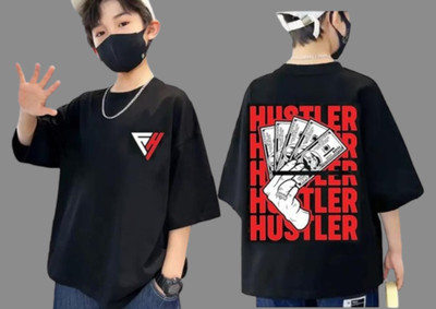 Show In Style Boys Printed Pure Cotton Oversized T Shirt(Black, Pack of 1)