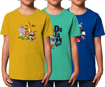 weatherwear Boys Printed Pure Cotton Regular T Shirt(Green, Pack of 3)