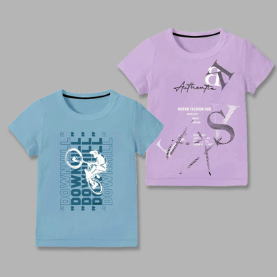 Minibot Boys Printed Pure Cotton Regular T Shirt(Light Blue, Purple, Pack of 2)