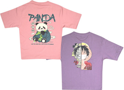 NeuVin Boys & Girls Printed Pure Cotton Regular T Shirt(Pink, Purple, Pack of 2)