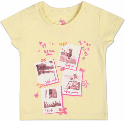 U.S. POLO ASSN. Baby Girls Graphic Print Pure Cotton Regular T Shirt(Yellow, Pack of 1)
