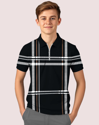 AOOSH Boys Checkered Cotton Blend Regular T Shirt(Black, Grey, Pack of 1)