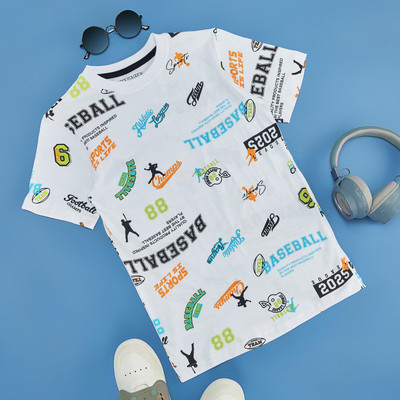 Pantaloons Junior Boys Printed Pure Cotton Regular T Shirt(White, Pack of 1)