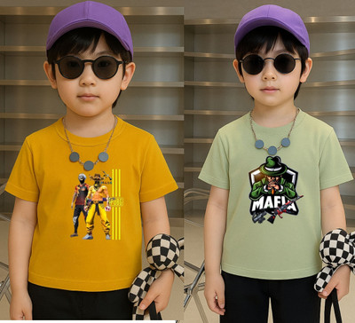 Lecowar Boys Printed Polyester Regular T Shirt(Yellow, Green, Pack of 1)