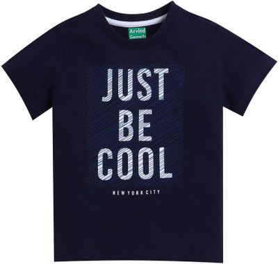 Arvind Garments Boys Typography Cotton Blend Regular, Slim T Shirt(Dark Blue, Pack of 1)