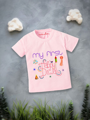 Babywish Boys & Girls Printed Cotton Blend Regular T Shirt(Pink, Pack of 1)