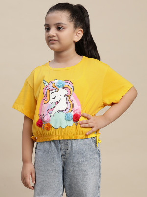 kidsville Girls Printed Pure Cotton Regular T Shirt(Yellow, Pack of 1)