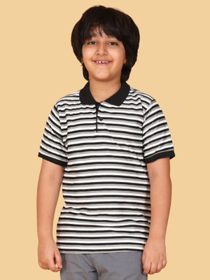BUTRU Boys Striped Cotton Blend Regular T Shirt(White, Pack of 1)