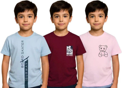Reya Boys Graphic Print Cotton Blend Regular T Shirt(Multicolor, Pack of 3)