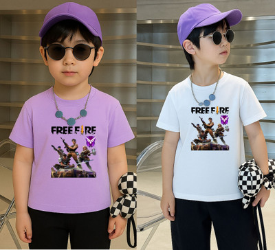 Lecowar Boys Graphic Print Polyester Regular T Shirt(Purple, White, Pack of 2)
