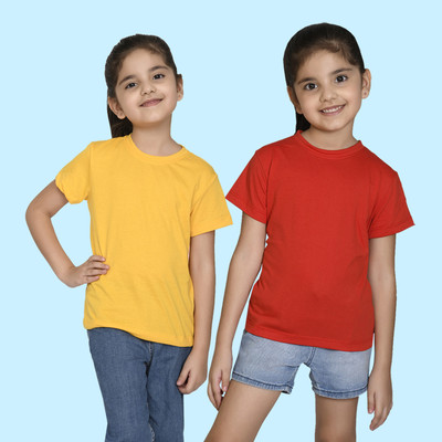 Nusyl Girls Solid Cotton Blend Regular T Shirt(Yellow, Pack of 2)