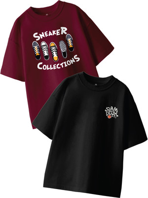 Codez Boys Printed Pure Cotton Oversized T Shirt(Multicolor, Pack of 2)