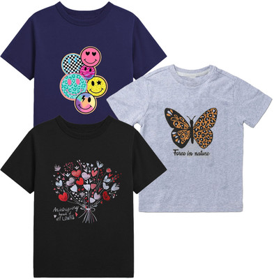 jpf Boys & Girls Printed Pure Cotton Regular T Shirt(Multicolor, Pack of 3)