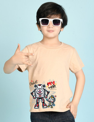 Nusyl Boys Graphic Print Cotton Blend Regular T Shirt(Beige, Pack of 1)