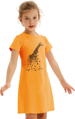 ONCH Girls Printed Pure Cotton Regular T Shirt(Yellow, Pack of 1)