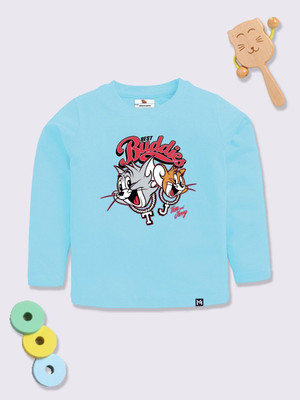 YK X Minute Mirth Boys & Girls Printed Pure Cotton Oversized T Shirt(Light Blue, Pack of 1)