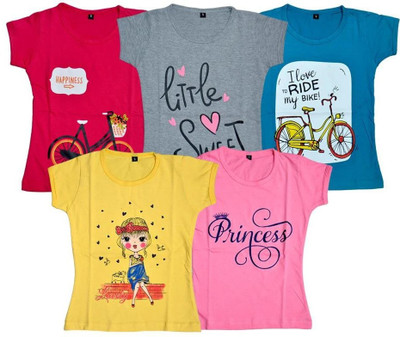 FAZZA Girls Printed Pure Cotton Regular T Shirt(Multicolor, Pack of 5)