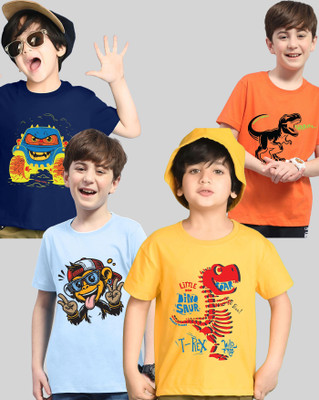 ENITOR Boys Printed Cotton Blend Regular T Shirt(Orange, Light Blue, Pack of 4)