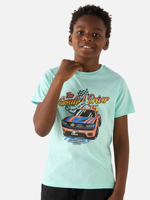 JUNIORS by Babyshop Boys Printed Pure Cotton Regular T Shirt(Blue, Pack of 1)