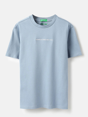 United Colors of Benetton Boys Graphic Print Pure Cotton Regular T Shirt(Blue, Pack of 1)