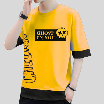 LILBITS Boys Printed Cotton Blend Regular T Shirt(Yellow, Pack of 1)
