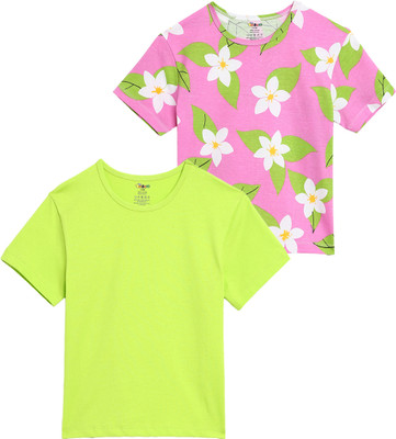 TOTCO Boys & Girls Solid, Printed Pure Cotton Regular T Shirt(Multicolor, Pack of 2)