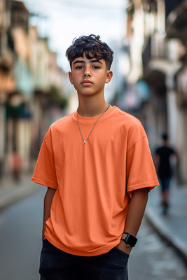 Veirdo Boys Solid Pure Cotton Oversized T Shirt(Orange, Pack of 1)