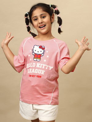 kidsville Girls Printed Pure Cotton Oversized T Shirt(Pink, Pack of 1)