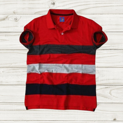 TB Blue Boys Striped Cotton Blend Slim T Shirt(Red, Pack of 1)