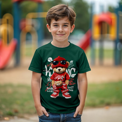 PROVOGUE Boys Printed Pure Cotton Regular T Shirt(Dark Green, Pack of 1)