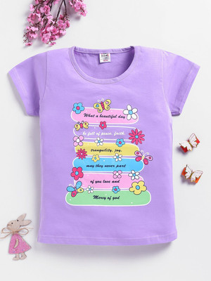 Here&Now X Game Begins Girls Printed Cotton Blend Regular T Shirt(Purple, Pack of 1)