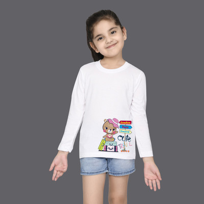 Nusyl Girls Graphic Print Cotton Blend Regular T Shirt(White, Pack of 1)