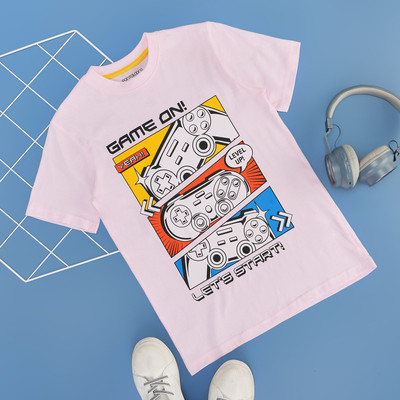 Pantaloons Junior Boys Printed Pure Cotton Regular T Shirt(Pink, Pack of 1)