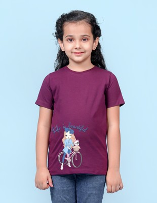 Nusyl Girls Graphic Print Cotton Blend Regular T Shirt(Maroon, Pack of 1)