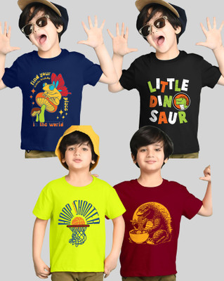 AOOSH Boys Printed Cotton Blend Regular T Shirt(Maroon, Black, Pack of 4)