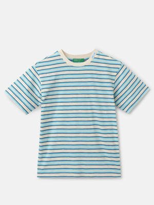United Colors of Benetton Boys Striped Cotton Blend Regular T Shirt(Blue, Beige, Pack of 1)
