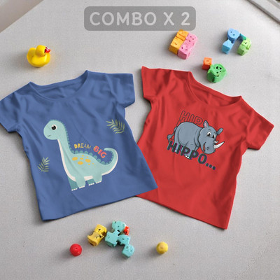 Pling Bling Boys & Girls Animal Print Cotton Blend Regular T Shirt(Multicolor, Pack of 2)