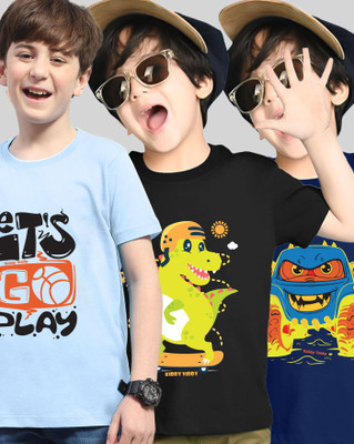 AOOSH Boys Printed Cotton Blend Regular T Shirt(Light Blue, Black, Pack of 3)