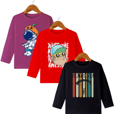 MYO Boys & Girls Printed Cotton Blend Regular T Shirt(Multicolor, Pack of 3)