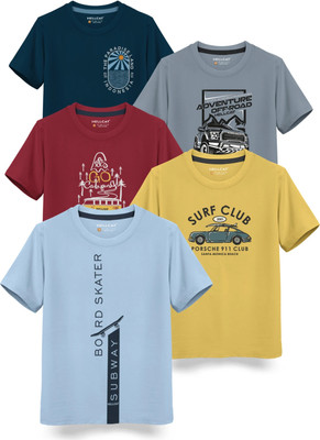Hellcat Boys Printed Cotton Blend Regular T Shirt(Blue, Pack of 5)