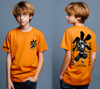 PUSHANKA Boys & Girls Printed Pure Cotton Regular T Shirt(Orange, Pack of 1)